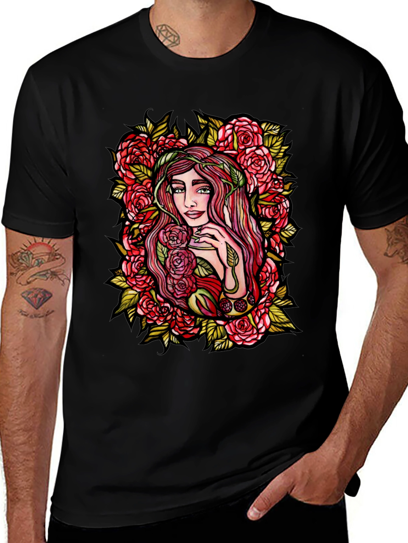 Floral Goddess Graphic Tee - Black Cotton T-Shirt