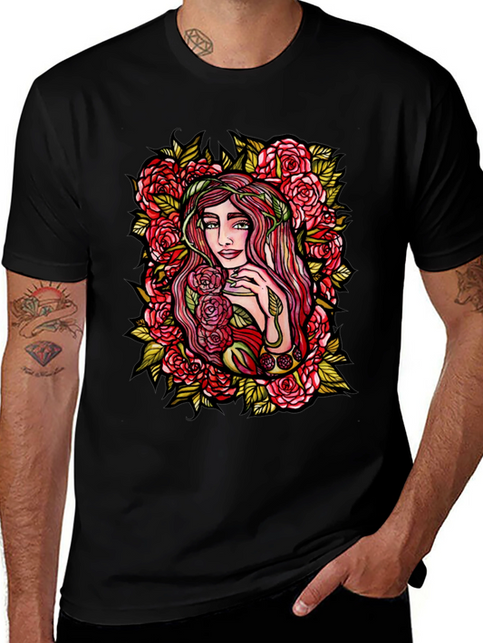 Floral Goddess Graphic Tee - Black Cotton T-Shirt
