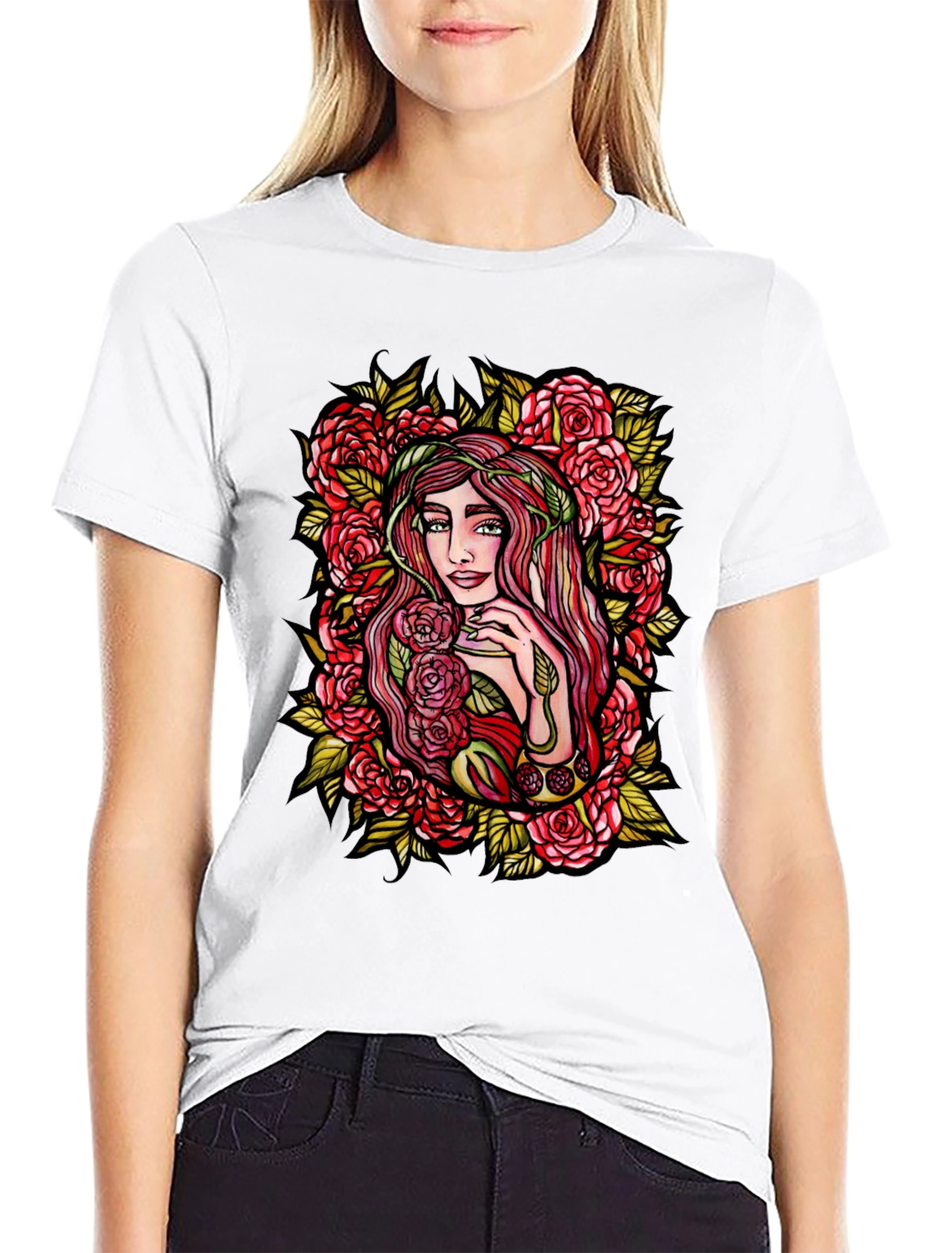 Floral Goddess Graphic Tee - Black Cotton T-Shirt