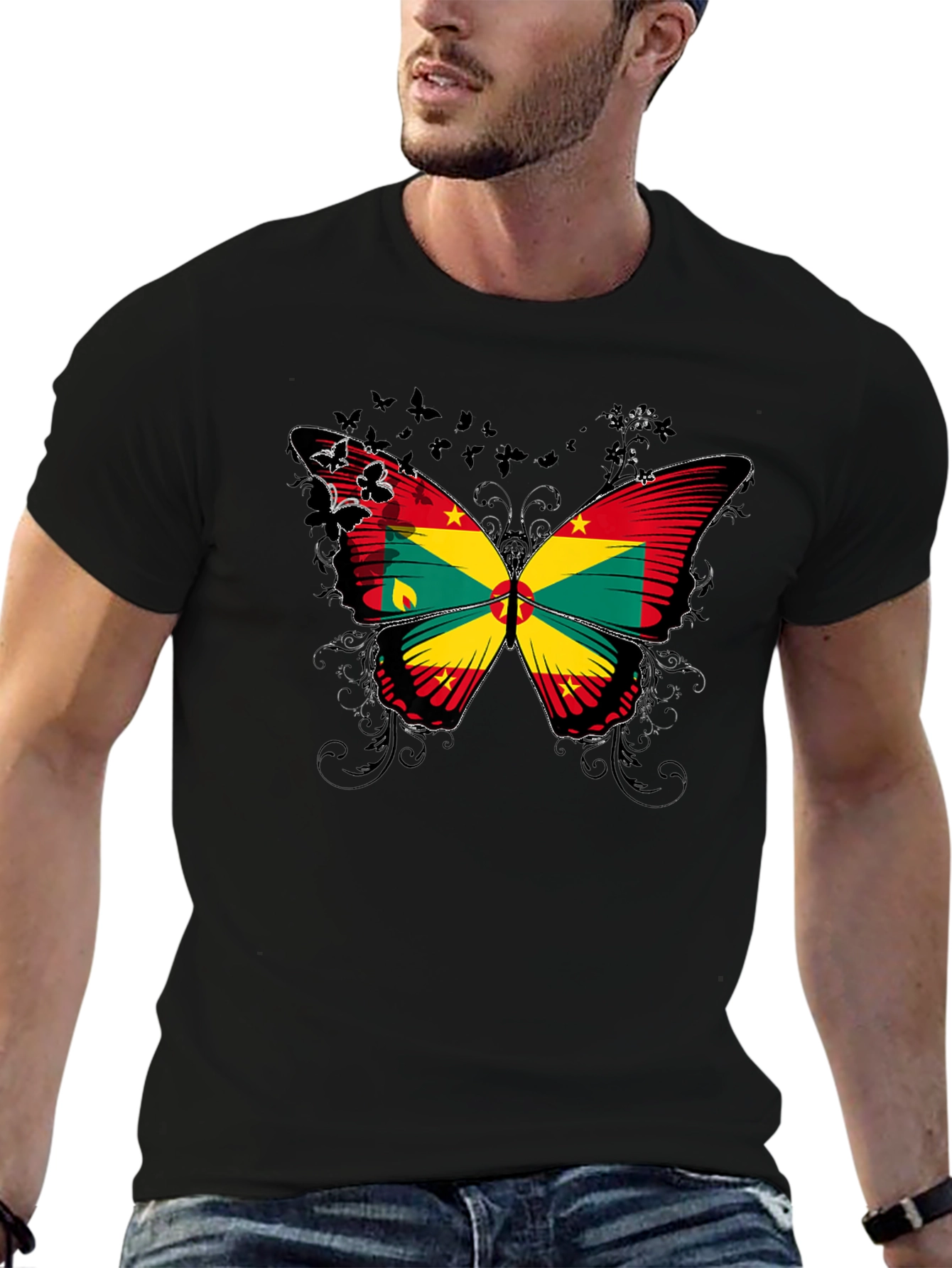 Grenada Flag Butterfly Graphic Black T-Shirt