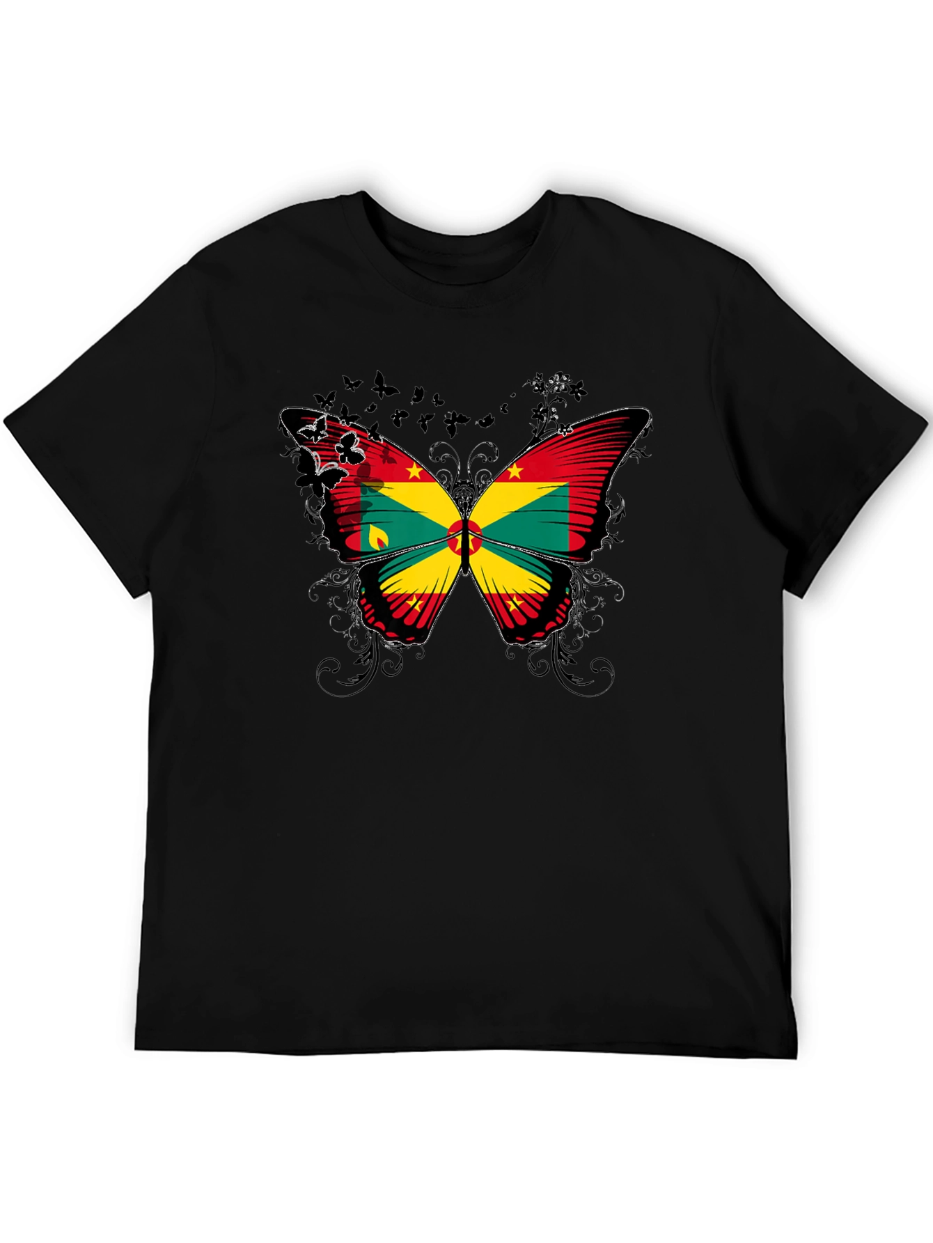 Grenada Flag Butterfly Graphic Black T-Shirt