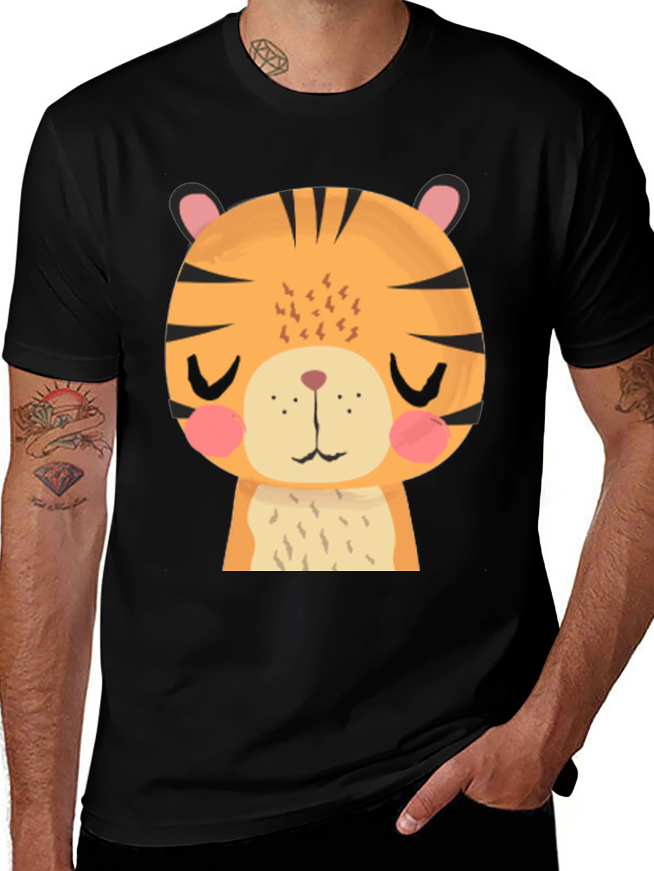Cute Cartoon Tiger Graphic Black T-Shirt