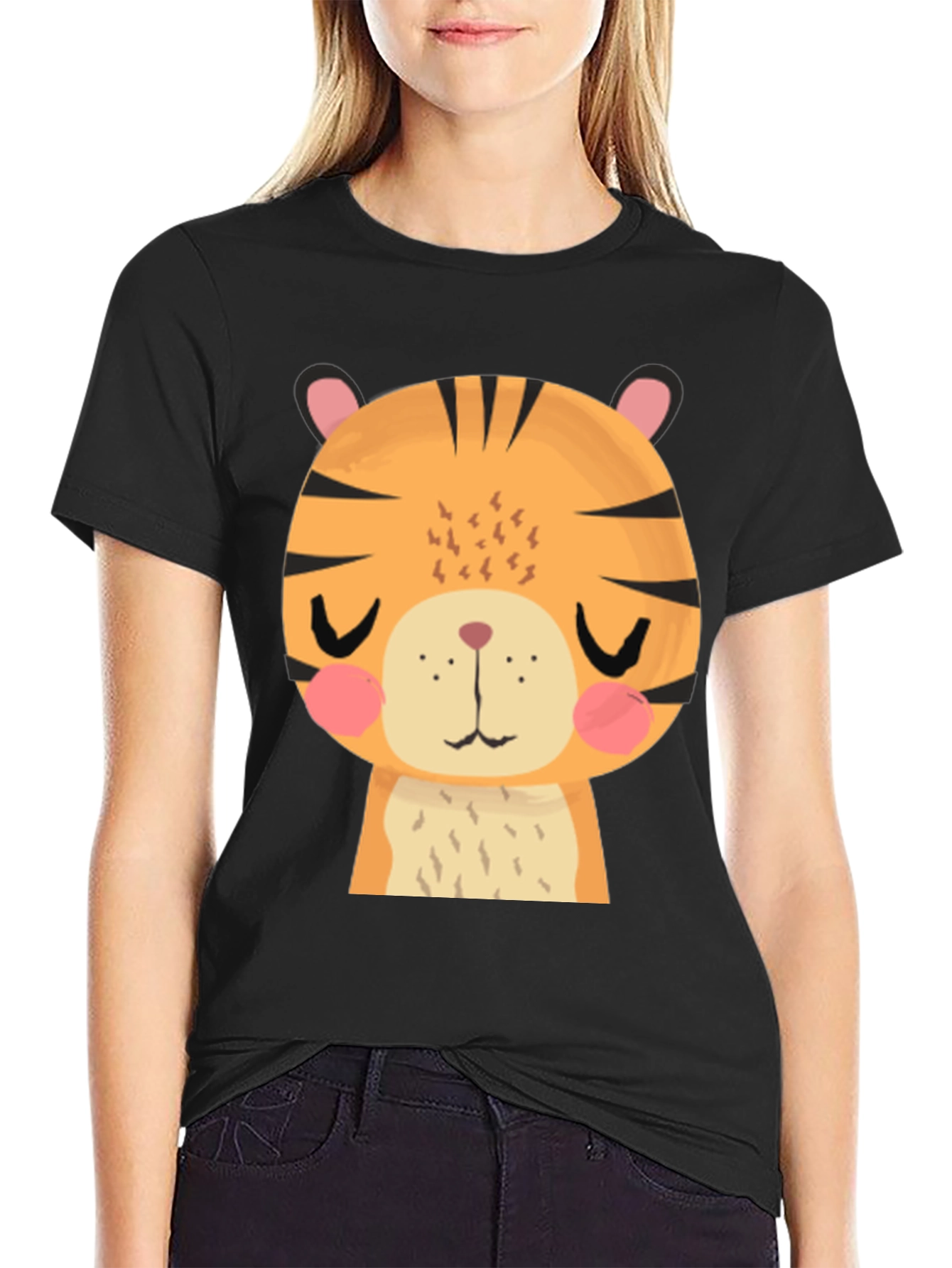 Cute Cartoon Tiger Graphic Black T-Shirt