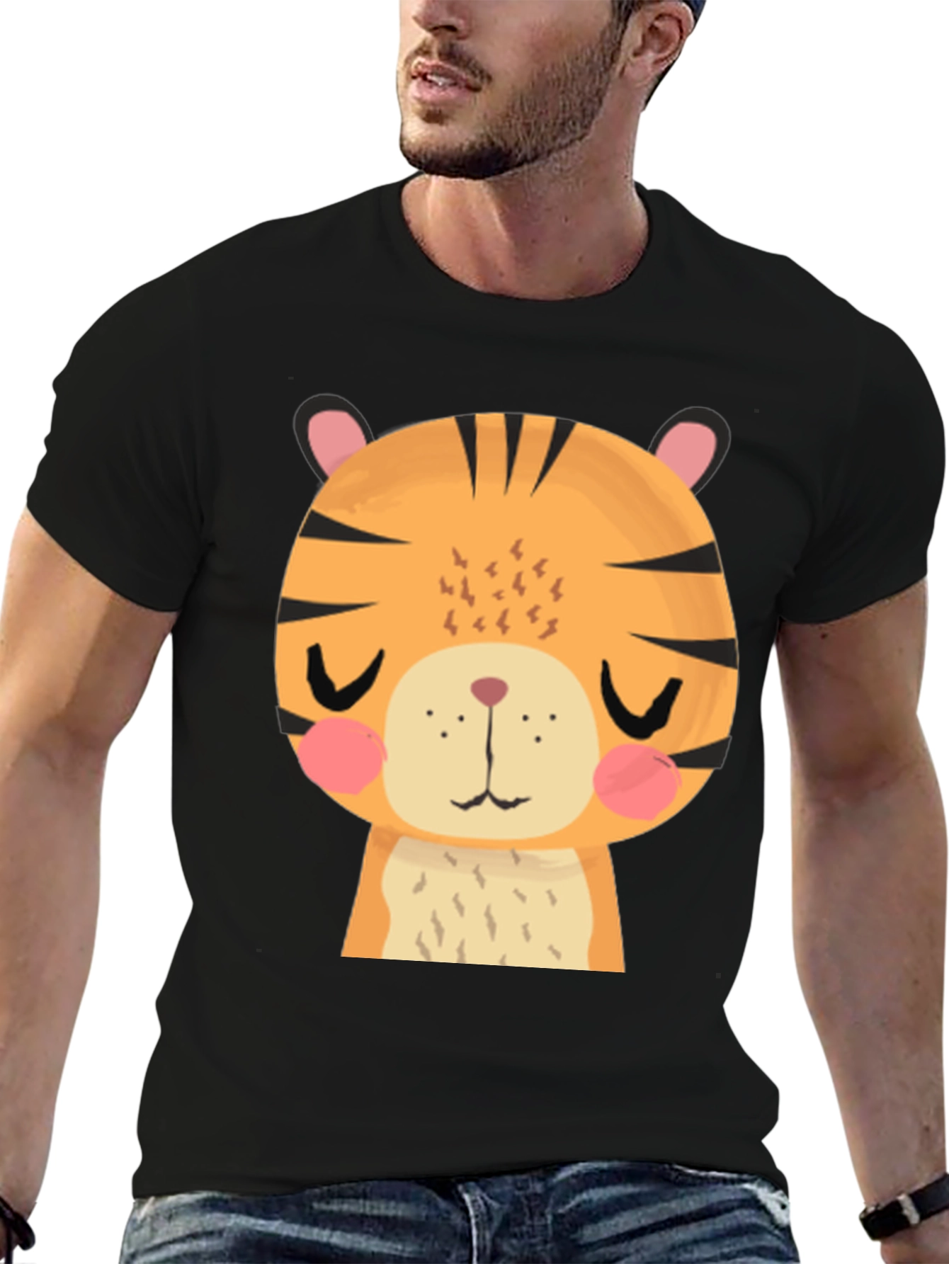 Cute Cartoon Tiger Graphic Black T-Shirt